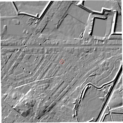 Shaded relief map of the ground around CA12AY, computed from Environment Agency LiDAR. The ground here sits at about 15 m above sea level and falls 9 m across the surrounding 800 m. Surface water reaching this point runs off ground lying to the south-south-west, 5.3 m higher.