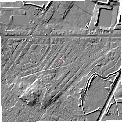 Shaded relief map of the ground around CA12AZ, computed from Environment Agency LiDAR. The ground here sits at about 16 m above sea level and falls 8 m across the surrounding 800 m. Surface water reaching this point runs off ground lying to the south-south-west, 5.1 m higher.