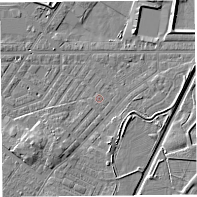 Shaded relief map of the ground around CA12BA, computed from Environment Agency LiDAR. The ground here sits at about 16 m above sea level and falls 9 m across the surrounding 800 m. Surface water reaching this point runs off ground lying to the south-west, 5.6 m higher.