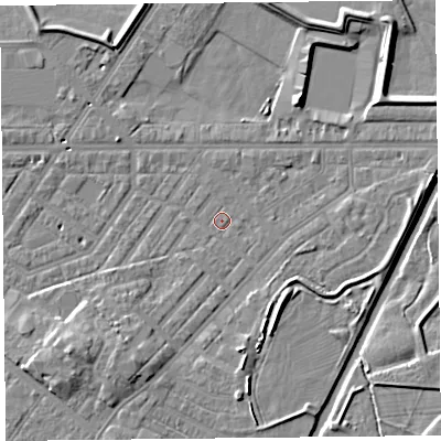 Shaded relief map of the ground around CA12BB, computed from Environment Agency LiDAR. The ground here sits at about 15 m above sea level and falls 9 m across the surrounding 800 m. Surface water reaching this point runs off ground lying to the south-south-west, 5.7 m higher.