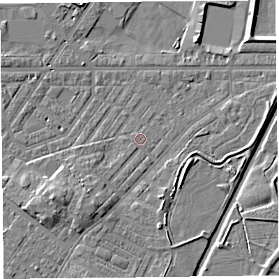 Shaded relief map of the ground around CA12BD, computed from Environment Agency LiDAR. The ground here sits at about 16 m above sea level and falls 9 m across the surrounding 800 m. Surface water reaching this point runs off ground lying to the south-west, 5.0 m higher.