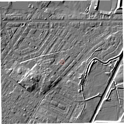 Shaded relief map of the ground around CA12BE, computed from Environment Agency LiDAR. The ground here sits at about 16 m above sea level and falls 8 m across the surrounding 800 m. Surface water reaching this point runs off ground lying to the south-south-west, 4.6 m higher.