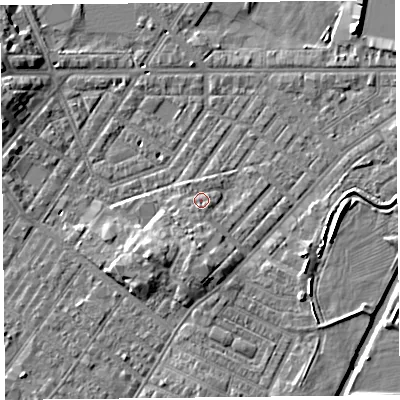Shaded relief map of the ground around CA12BG, computed from Environment Agency LiDAR. The ground here sits at about 17 m above sea level and falls 8 m across the surrounding 800 m. Surface water reaching this point runs off ground lying to the south-south-west, 3.4 m higher.