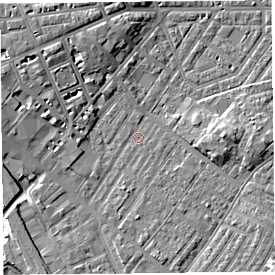 Shaded relief map of the ground around CA12BH, computed from Environment Agency LiDAR. The ground here sits at about 17 m above sea level and falls 9 m across the surrounding 800 m. Surface water reaching this point runs off ground lying to the west-north-west, 5.7 m higher.