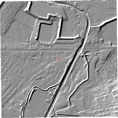 Shaded relief map of the ground around CA12BL, computed from Environment Agency LiDAR. The ground here sits at about 15 m above sea level and falls 15 m across the surrounding 800 m. Surface water reaching this point runs off ground lying to the south-east, 2.1 m higher.