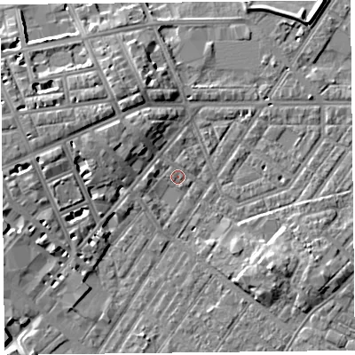 Shaded relief map of the ground around CA12BP, computed from Environment Agency LiDAR. The ground here sits at about 17 m above sea level and falls 9 m across the surrounding 800 m. Surface water reaching this point runs off ground lying to the west, 2.0 m higher.