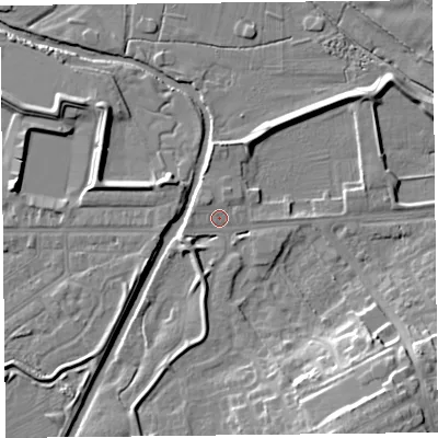 Shaded relief map of the ground around CA12BS, computed from Environment Agency LiDAR. The ground here sits at about 15 m above sea level and falls 17 m across the surrounding 800 m. Surface water reaching this point runs off ground lying to the south-west, 3.3 m higher.