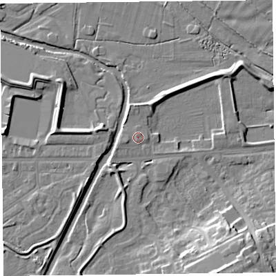 Shaded relief map of the ground around CA12BT, computed from Environment Agency LiDAR. The ground here sits at about 15 m above sea level and falls 16 m across the surrounding 800 m. Surface water reaching this point runs off ground lying to the west-south-west, 1.4 m higher.