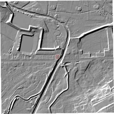 Shaded relief map of the ground around CA12BU, computed from Environment Agency LiDAR. The ground here sits at about 16 m above sea level and falls 17 m across the surrounding 800 m. Surface water reaching this point runs off ground lying to the south, 3.7 m higher.