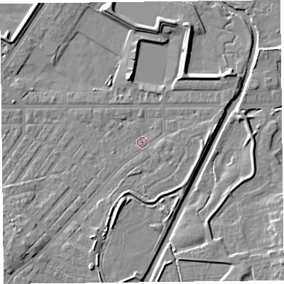 Shaded relief map of the ground around CA12BY, computed from Environment Agency LiDAR. The ground here sits at about 15 m above sea level and falls 8 m across the surrounding 800 m. Surface water reaching this point runs off ground lying to the south-west, 4.6 m higher.