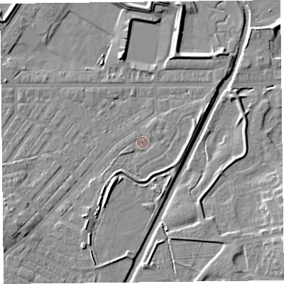 Shaded relief map of the ground around CA12DA, computed from Environment Agency LiDAR. The ground here sits at about 15 m above sea level and falls 8 m across the surrounding 800 m. Surface water reaching this point runs off ground lying to the south-west, 2.9 m higher.