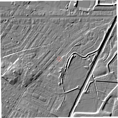 Shaded relief map of the ground around CA12DD, computed from Environment Agency LiDAR. The ground here sits at about 16 m above sea level and falls 8 m across the surrounding 800 m. Surface water reaching this point runs off ground lying to the south-west, 3.9 m higher.