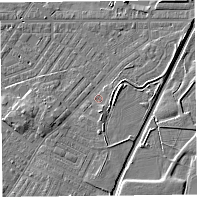 Shaded relief map of the ground around CA12DE, computed from Environment Agency LiDAR. The ground here sits at about 16 m above sea level and falls 8 m across the surrounding 800 m. Surface water reaching this point runs off ground lying to the south, 2.5 m higher.