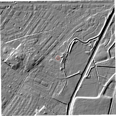 Shaded relief map of the ground around CA12DF, computed from Environment Agency LiDAR. The ground here sits at about 17 m above sea level and falls 9 m across the surrounding 800 m. Surface water reaching this point runs off ground lying to the south-south-east, 2.1 m higher.