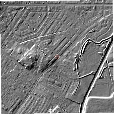 Shaded relief map of the ground around CA12DG, computed from Environment Agency LiDAR. The ground here sits at about 17 m above sea level and falls 8 m across the surrounding 800 m. Surface water reaching this point runs off ground lying to the south-west, 3.0 m higher.