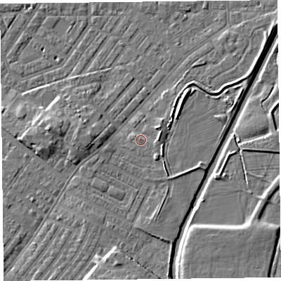 Shaded relief map of the ground around CA12DH, computed from Environment Agency LiDAR. The ground here sits at about 18 m above sea level and falls 9 m across the surrounding 800 m. Surface water reaching this point runs off ground lying to the south-east, 2.2 m higher.