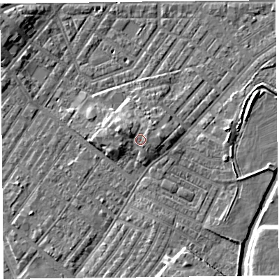 Shaded relief map of the ground around CA12DL, computed from Environment Agency LiDAR. The ground here sits at about 20 m above sea level and falls 8 m across the surrounding 800 m. Surface water reaching this point runs off ground lying to the west-north-west, 2.4 m higher.