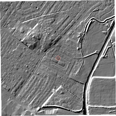 Shaded relief map of the ground around CA12DN, computed from Environment Agency LiDAR. The ground here sits at about 18 m above sea level and falls 10 m across the surrounding 800 m. Surface water reaching this point runs off ground lying to the south-west, 1.0 m higher.