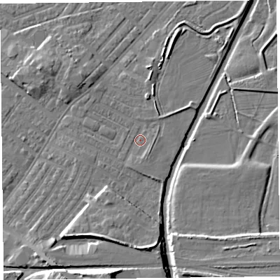 Shaded relief map of the ground around CA12DR, computed from Environment Agency LiDAR. The ground here sits at about 18 m above sea level and falls 17 m across the surrounding 800 m. Surface water reaching this point runs off ground lying to the south, 7.0 m higher.