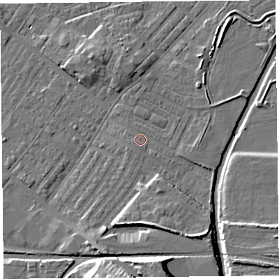 Shaded relief map of the ground around CA12DS, computed from Environment Agency LiDAR. The ground here sits at about 18 m above sea level and falls 17 m across the surrounding 800 m. Surface water reaching this point runs off ground lying to the south-south-west, 0.9 m higher.