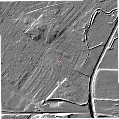 Shaded relief map of the ground around CA12DT, computed from Environment Agency LiDAR. The ground here sits at about 19 m above sea level and falls 16 m across the surrounding 800 m. Surface water reaching this point runs off ground lying to the south-south-west, 0.9 m higher.