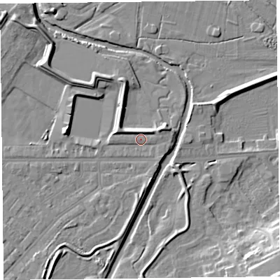 Shaded relief map of the ground around CA12DU, computed from Environment Agency LiDAR. The ground here sits at about 15 m above sea level and falls 16 m across the surrounding 800 m. Surface water reaching this point runs off ground lying to the east-north-east, 2.4 m higher.
