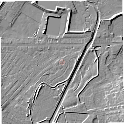 Shaded relief map of the ground around CA12DY, computed from Environment Agency LiDAR. The ground here sits at about 16 m above sea level and falls 11 m across the surrounding 800 m. Surface water reaching this point runs off ground lying to the west-north-west, 0.5 m higher.