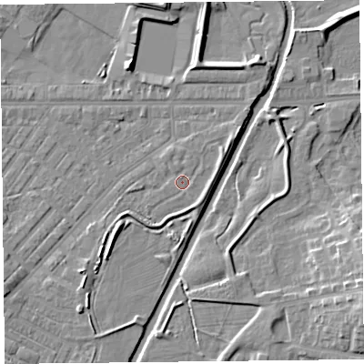 Shaded relief map of the ground around CA12DZ, computed from Environment Agency LiDAR. The ground here sits at about 16 m above sea level and falls 10 m across the surrounding 800 m. Surface water reaching this point runs off ground lying to the south-south-east, 1.8 m higher.