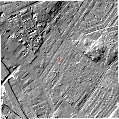 Shaded relief map of the ground around CA12EP, computed from Environment Agency LiDAR. The ground here sits at about 18 m above sea level and falls 8 m across the surrounding 800 m. Surface water reaching this point runs off ground lying to the south-south-west, 1.7 m higher.