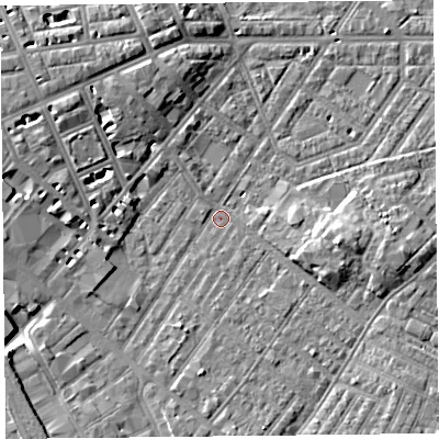 Shaded relief map of the ground around CA12ER, computed from Environment Agency LiDAR. The ground here sits at about 17 m above sea level and falls 9 m across the surrounding 800 m. Surface water reaching this point runs off ground lying to the west-north-west, 5.5 m higher.