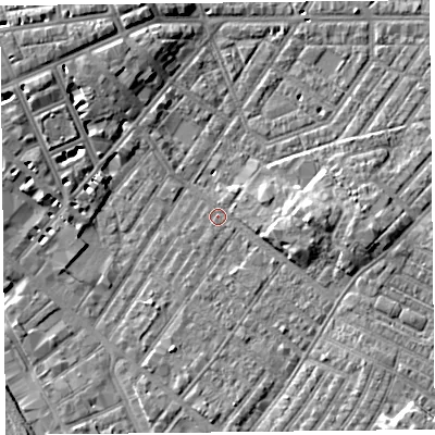 Shaded relief map of the ground around CA12ES, computed from Environment Agency LiDAR. The ground here sits at about 17 m above sea level and falls 9 m across the surrounding 800 m. Surface water reaching this point runs off ground lying to the east, 4.6 m higher.