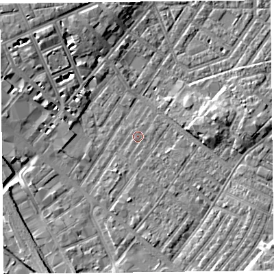 Shaded relief map of the ground around CA12ET, computed from Environment Agency LiDAR. The ground here sits at about 18 m above sea level and falls 8 m across the surrounding 800 m. Surface water reaching this point runs off ground lying to the south-south-west, 1.7 m higher.