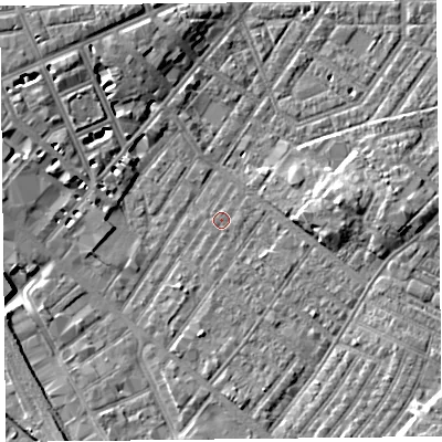 Shaded relief map of the ground around CA12EU, computed from Environment Agency LiDAR. The ground here sits at about 18 m above sea level and falls 8 m across the surrounding 800 m. Surface water reaching this point runs off ground lying to the south-south-west, 1.8 m higher.