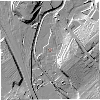 Shaded relief map of the ground around CA12FE, computed from Environment Agency LiDAR. The ground here sits at about 23 m above sea level and falls 26 m across the surrounding 800 m. Surface water reaching this point runs off ground lying to the south-east, 12.2 m higher.