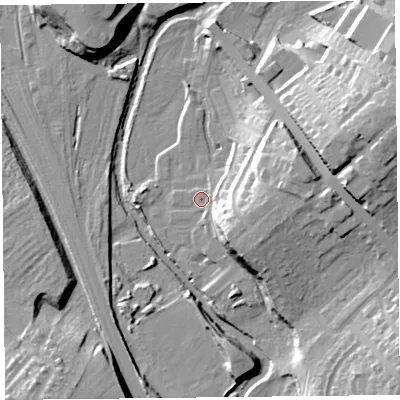 Shaded relief map of the ground around CA12FF, computed from Environment Agency LiDAR. The ground here sits at about 24 m above sea level and falls 26 m across the surrounding 800 m. Surface water reaching this point runs off ground lying to the east-south-east, 11.6 m higher.