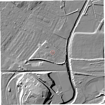 Shaded relief map of the ground around CA12FH, computed from Environment Agency LiDAR. The ground here sits at about 22 m above sea level and falls 24 m across the surrounding 800 m. Surface water reaching this point runs off ground lying to the south-west, 3.1 m higher.