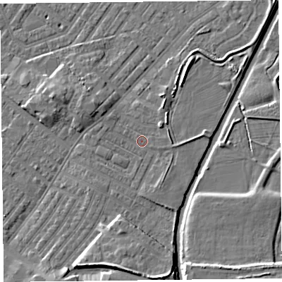 Shaded relief map of the ground around CA12FR, computed from Environment Agency LiDAR. The ground here sits at about 18 m above sea level and falls 11 m across the surrounding 800 m. Surface water reaching this point runs off ground lying to the south, 7.2 m higher.