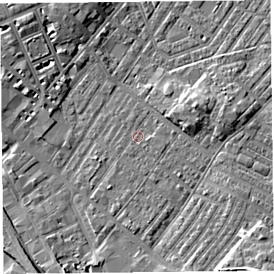 Shaded relief map of the ground around CA12HB, computed from Environment Agency LiDAR. The ground here sits at about 18 m above sea level and falls 10 m across the surrounding 800 m. Surface water reaching this point runs off ground lying to the south-south-west, 1.9 m higher.