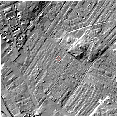 Shaded relief map of the ground around CA12HD, computed from Environment Agency LiDAR. The ground here sits at about 17 m above sea level and falls 8 m across the surrounding 800 m. Surface water reaching this point runs off ground lying to the south-south-west, 2.0 m higher.