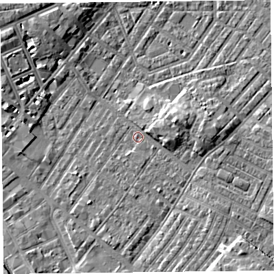 Shaded relief map of the ground around CA12HE, computed from Environment Agency LiDAR. The ground here sits at about 18 m above sea level and falls 8 m across the surrounding 800 m. Surface water reaching this point runs off ground lying to the east-north-east, 4.3 m higher.