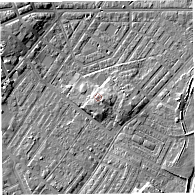 Shaded relief map of the ground around CA12HH, computed from Environment Agency LiDAR. The ground here sits at about 21 m above sea level and falls 8 m across the surrounding 800 m. Surface water reaching this point runs off ground lying to the south-east, 2.6 m higher.