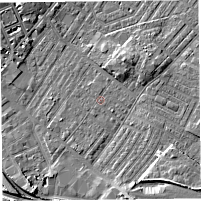 Shaded relief map of the ground around CA12HJ, computed from Environment Agency LiDAR. The ground here sits at about 18 m above sea level and falls 10 m across the surrounding 800 m. Surface water reaching this point runs off ground lying to the south-west, 0.5 m higher.
