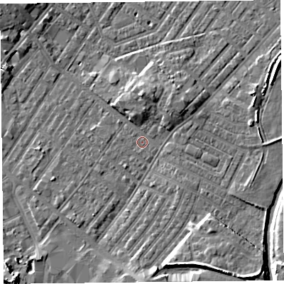 Shaded relief map of the ground around CA12HL, computed from Environment Agency LiDAR. The ground here sits at about 18 m above sea level and falls 10 m across the surrounding 800 m. Surface water reaching this point runs off ground lying to the south, 4.8 m higher.