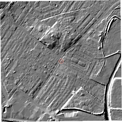 Shaded relief map of the ground around CA12HN, computed from Environment Agency LiDAR. The ground here sits at about 18 m above sea level and falls 10 m across the surrounding 800 m. Surface water reaching this point runs off ground lying to the south, 4.8 m higher.