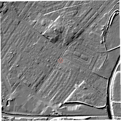 Shaded relief map of the ground around CA12HP, computed from Environment Agency LiDAR. The ground here sits at about 18 m above sea level and falls 15 m across the surrounding 800 m. Surface water reaching this point runs off ground lying to the south, 4.8 m higher.