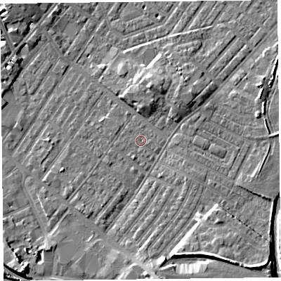 Shaded relief map of the ground around CA12HR, computed from Environment Agency LiDAR. The ground here sits at about 18 m above sea level and falls 10 m across the surrounding 800 m. Surface water reaching this point runs off ground lying to the south, 4.7 m higher.