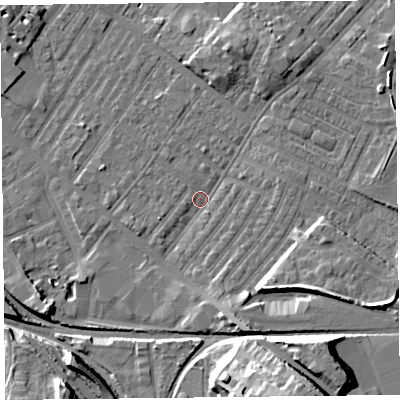 Shaded relief map of the ground around CA12HU, computed from Environment Agency LiDAR. The ground here sits at about 18 m above sea level and falls 20 m across the surrounding 800 m. Surface water reaching this point runs off ground lying to the south-south-east, 4.5 m higher.