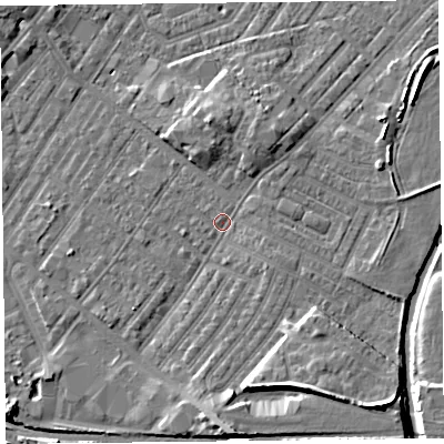 Shaded relief map of the ground around CA12HW, computed from Environment Agency LiDAR. The ground here sits at about 18 m above sea level and falls 10 m across the surrounding 800 m. Surface water reaching this point runs off ground lying to the south, 4.8 m higher.