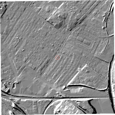 Shaded relief map of the ground around CA12HX, computed from Environment Agency LiDAR. The ground here sits at about 18 m above sea level and falls 19 m across the surrounding 800 m. Surface water reaching this point runs off ground lying to the south, 4.5 m higher.