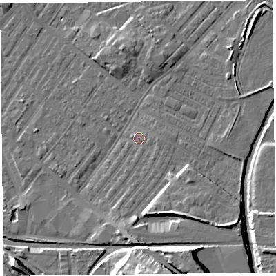 Shaded relief map of the ground around CA12LL, computed from Environment Agency LiDAR. The ground here sits at about 18 m above sea level and falls 17 m across the surrounding 800 m. Surface water reaching this point runs off ground lying to the south-south-west, 3.5 m higher.